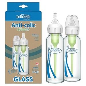 Dr. Brown’s Natural Flow Anti-Colic Options+ Narrow Glass Baby Bottle 8 oz/250 mL, with Level 1 Slow Flow Nipple, 2 Pack, 0m+